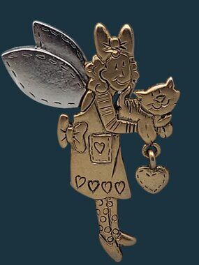 VTG Wendy’s World Pin #4 Angel & Cat Dangle Star Brooch Signed Collectible Pin